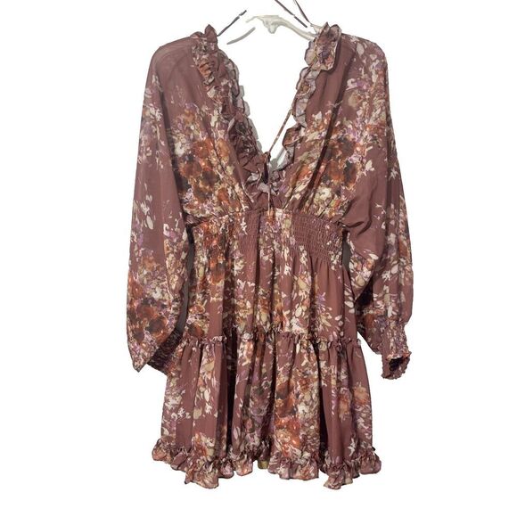 Anna Cai New York Womens Brown Smocked Ruffle Boho Fit & Flare Dress Size Medium - Picture 3 of 8